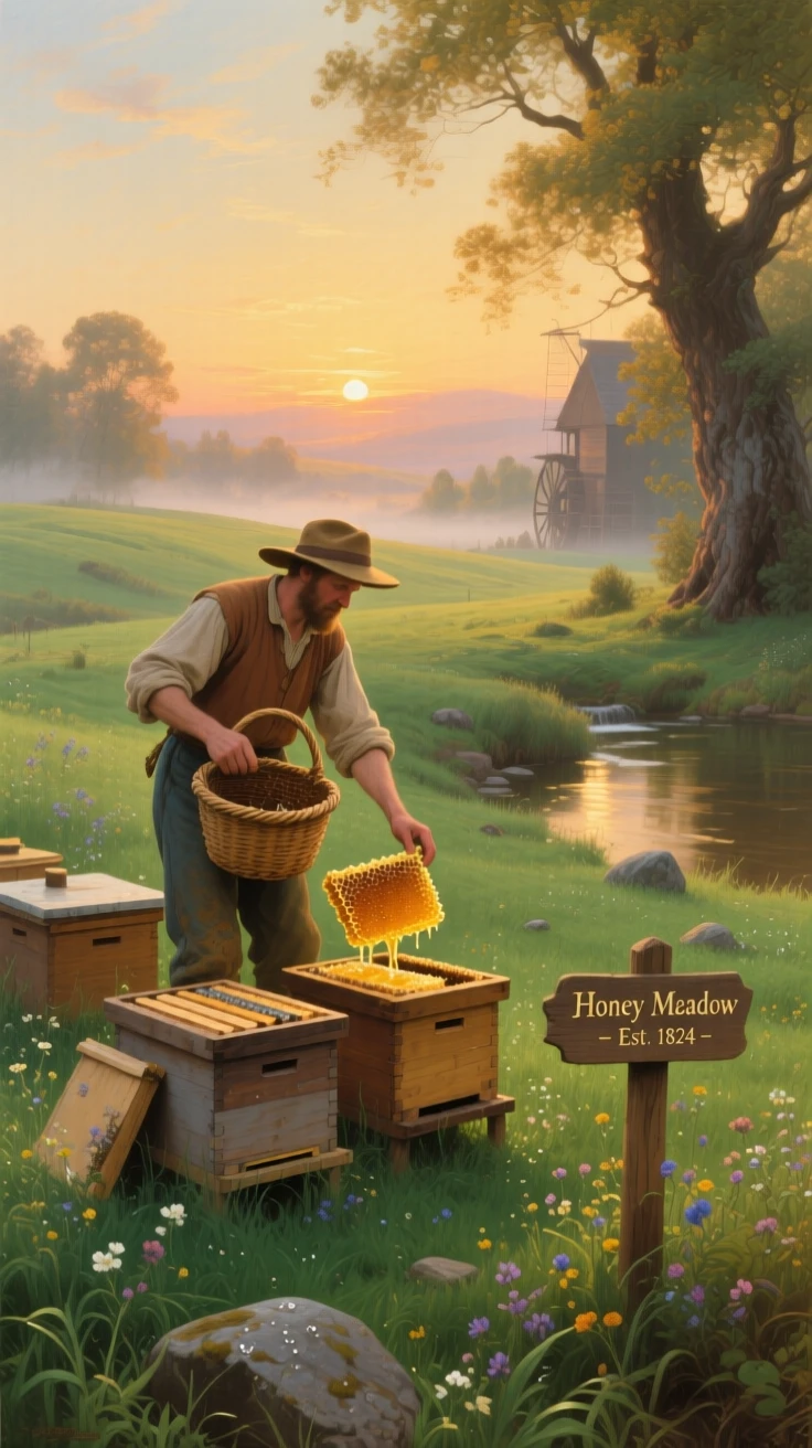 A miller gathers honey within a quiet green pasture as the sun rises over the fields.