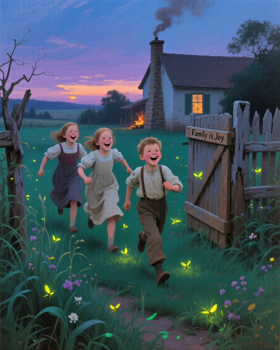 Children chasing fireflies together in the backyard at dusk, as laughter and genuine joy fill the entire scene, celebrating the simple, universal joys of family life