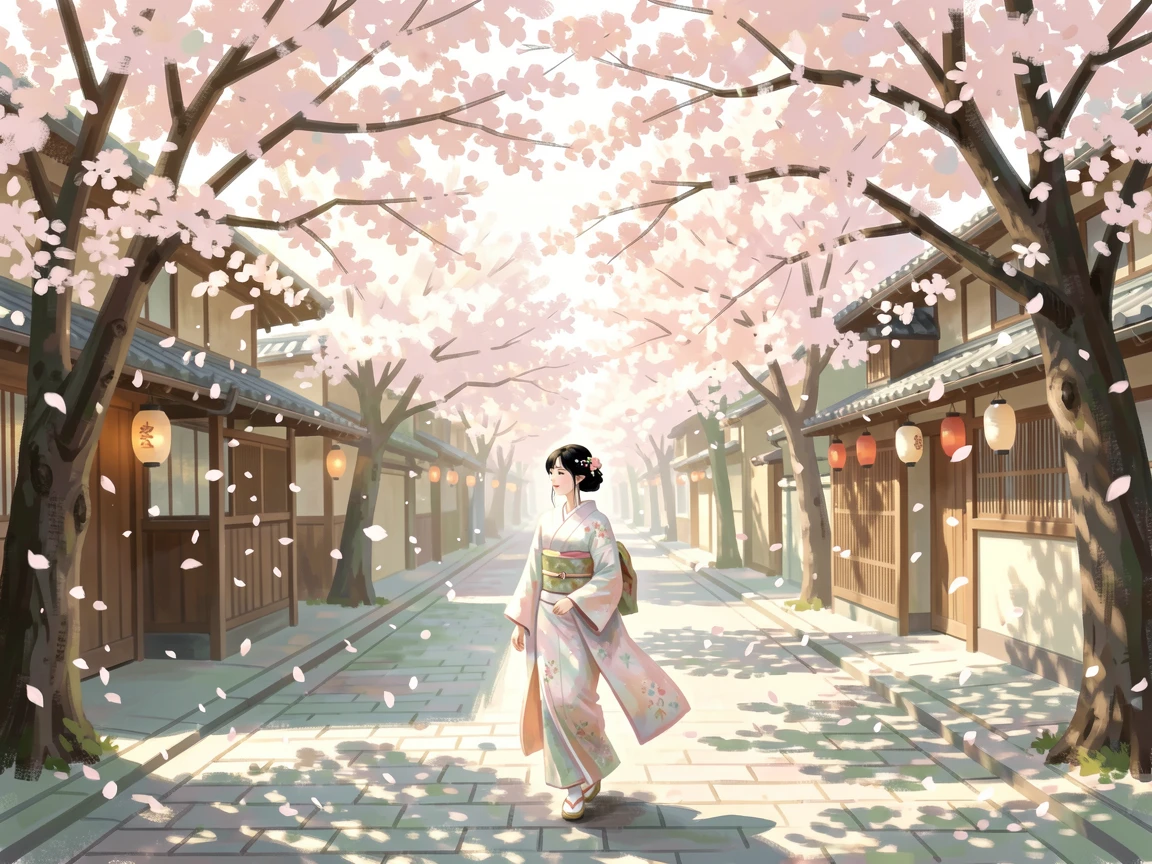 A quiet Kyoto street lined with cherry blossoms, a woman in a kimono walking beneath falling petals.