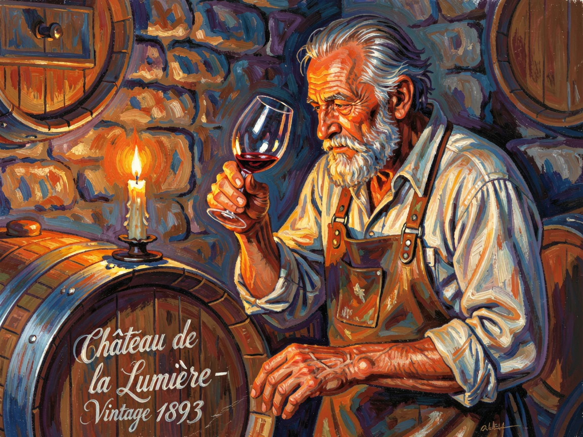 An old vintner tasting wine from a barrel, swirling the glass thoughtfully in candlelight.