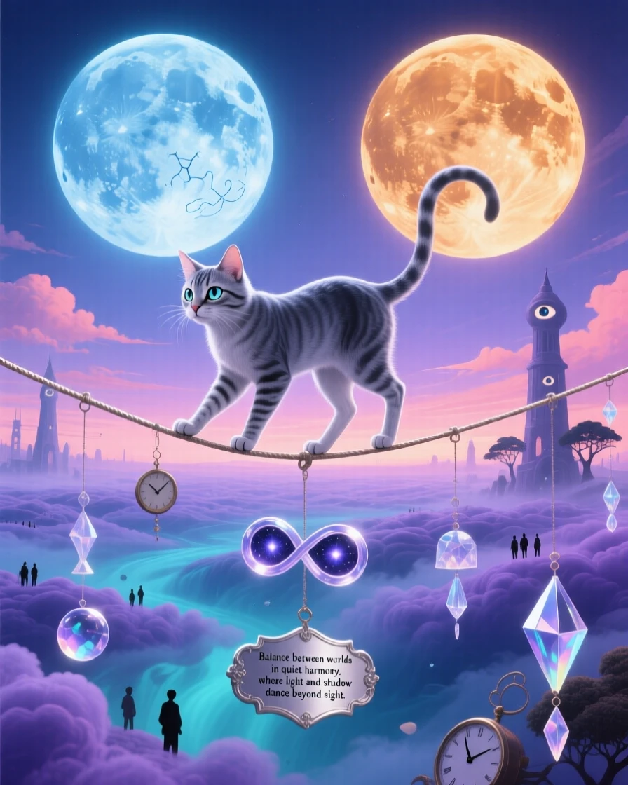 A cat balancing gracefully along a tightrope strung between two moons drifts silently beneath a sky painted in soft twilight colors, while distant chimes seem to echo with each small movement.