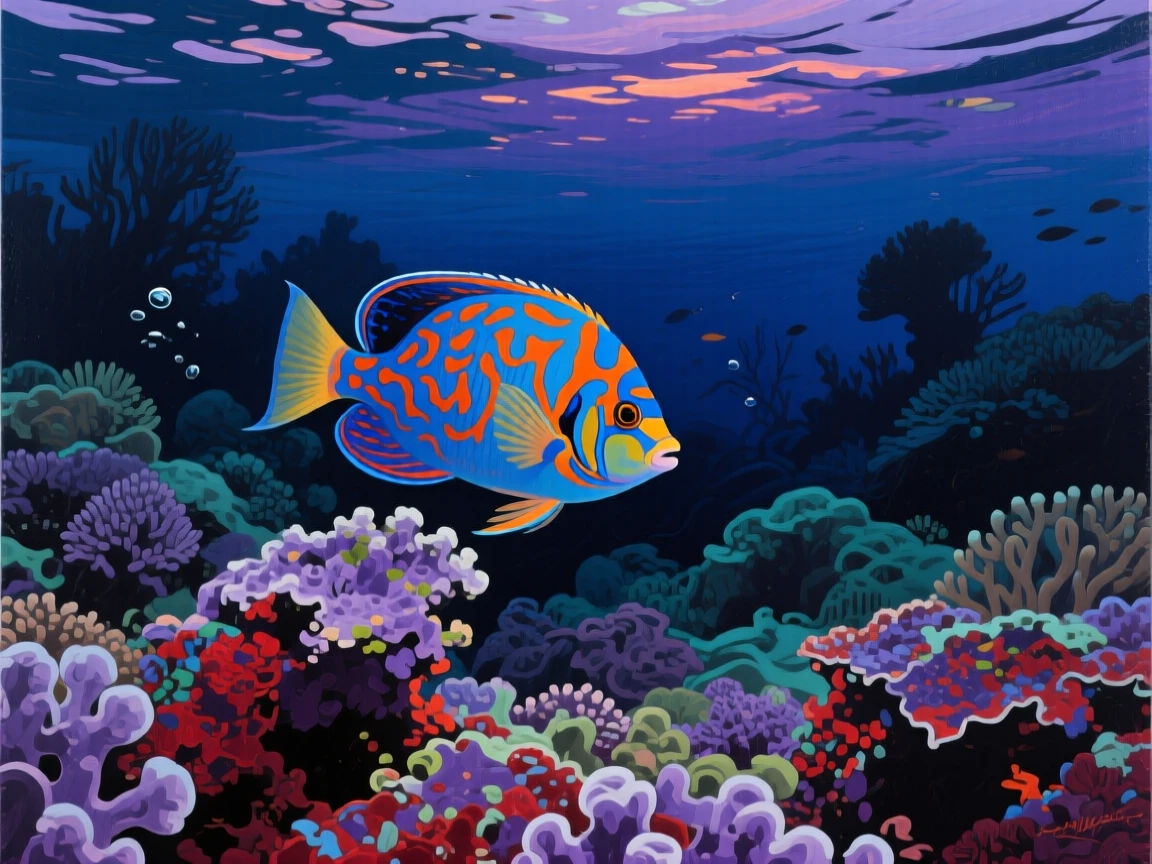 A colorful mandarinfish emerges from coral rubble at dusk in the Coral Triangle, its psychedelic blue and orange patterns vivid against the darkening reef, the scene suggesting a fleeting, candid moment rather than a posed encounter.
