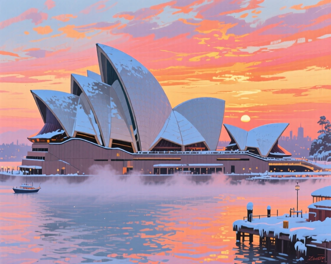 The Sydney Opera House against a vivid harbor sunset, wrapped in soft morning fog, snow dusting every surface