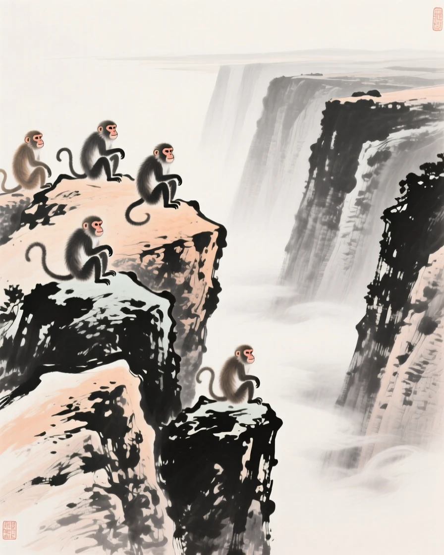 A group of monkeys rests on sun-warmed boulders above a gorge, overlooking a deep misty valley.