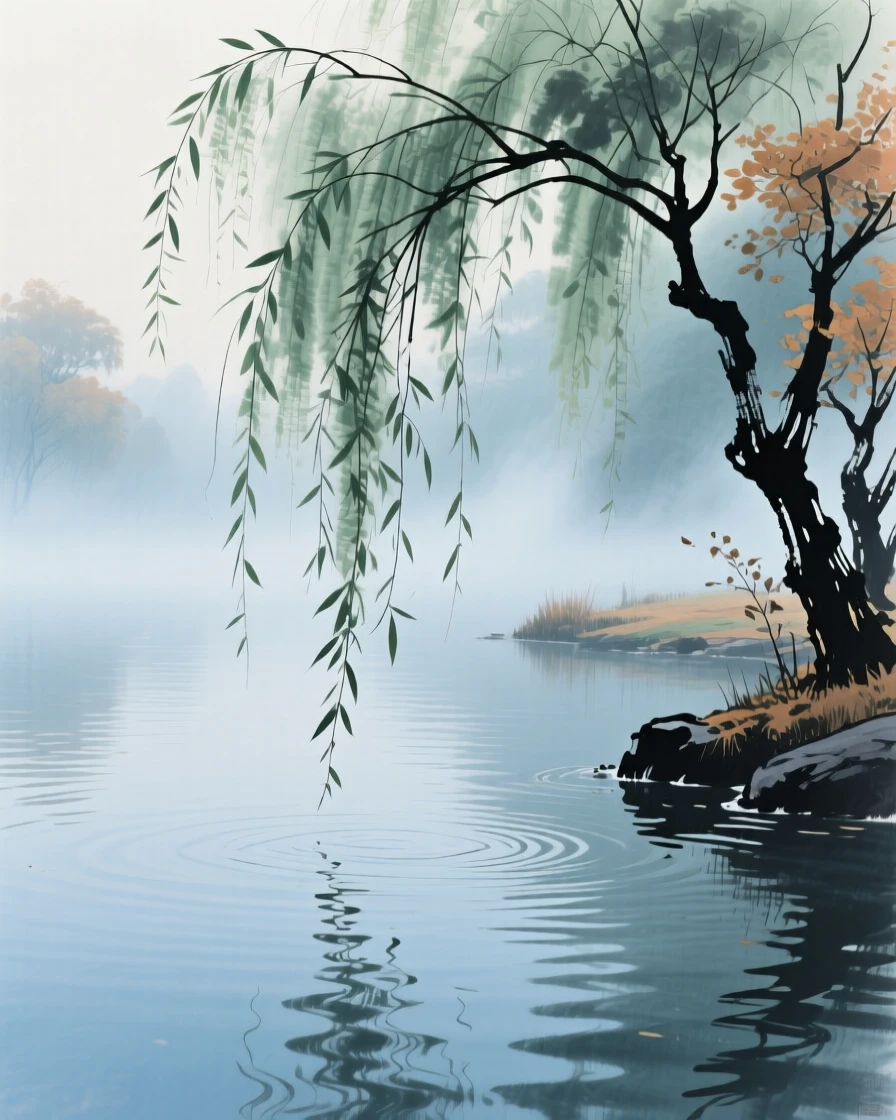 A quiet pond bordered by drooping willow branches, through swirling morning fog, at the turn of autumn.