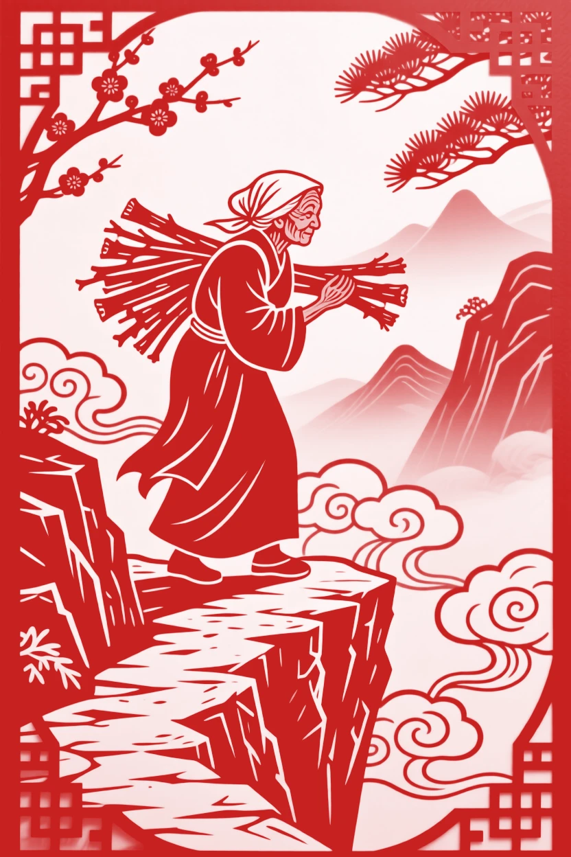 A composition of an old woman gathering firewood along a cliffside path above the clouds, distant peaks fading into layers of mist.