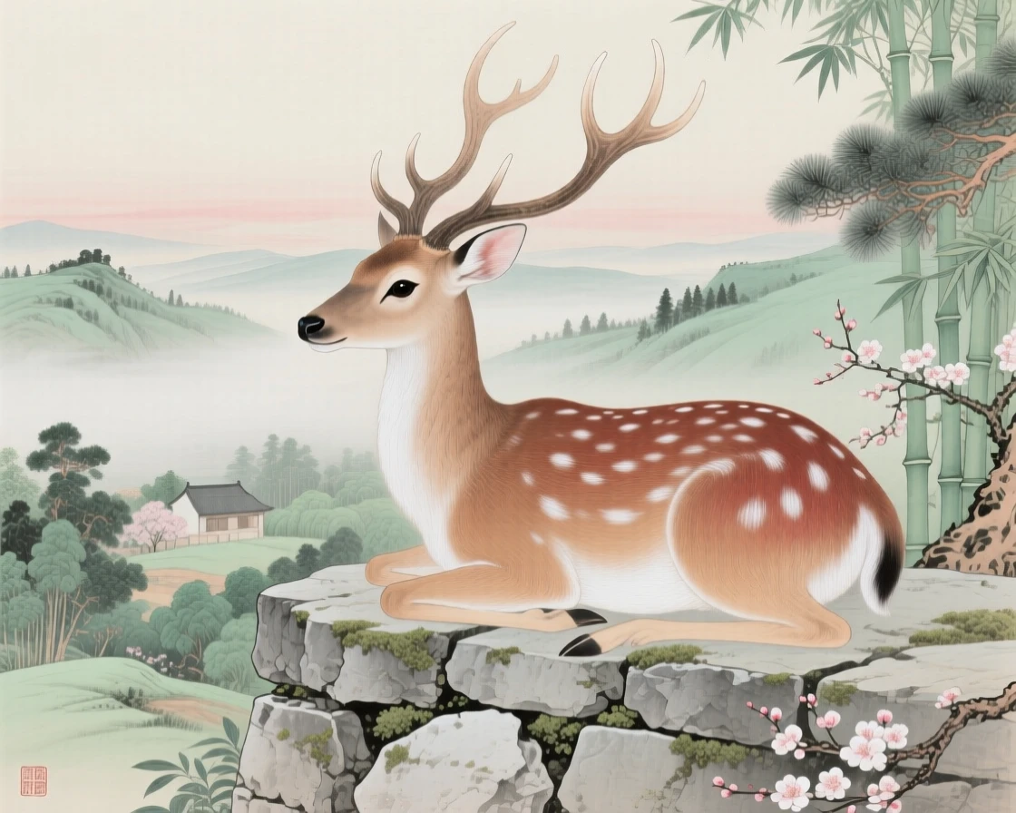 A deer with velvet antlers perched on a low stone wall overlooking a valley