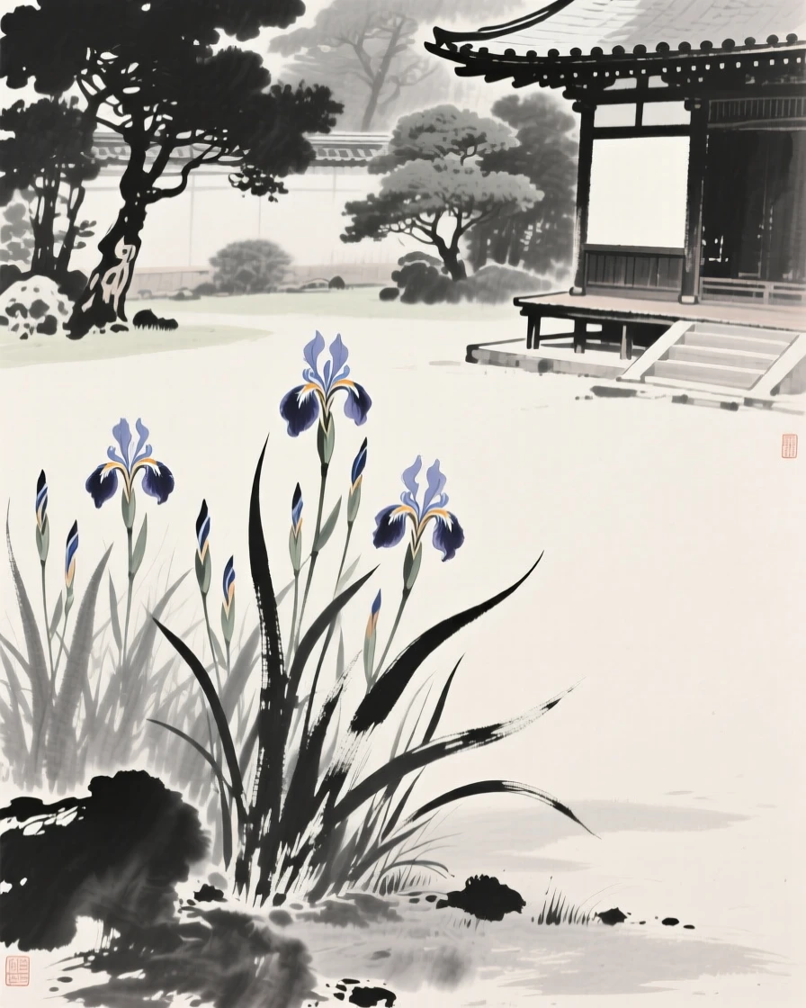 A field of wild irises in the corner of a secluded temple garden, composed with generous open space around it, suggesting patience, resilience, and quiet strength.