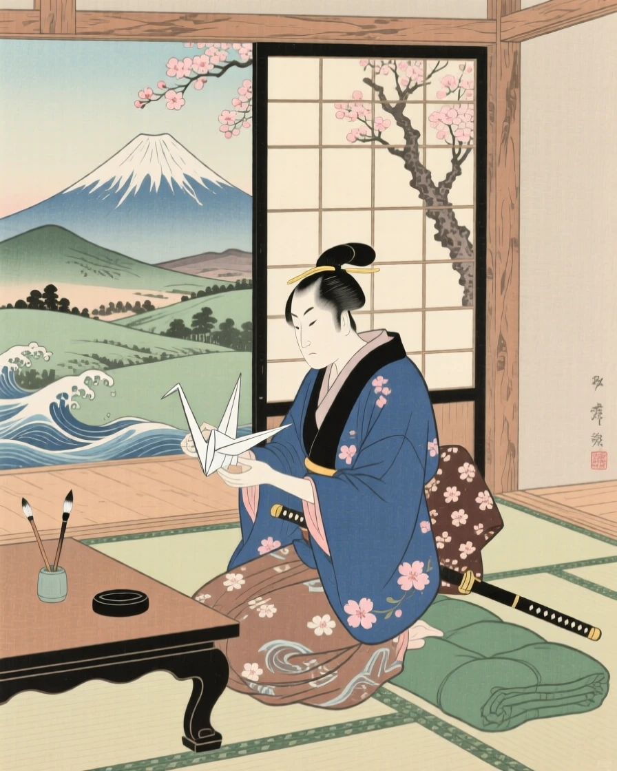 A swordsman folding a delicate paper crane.