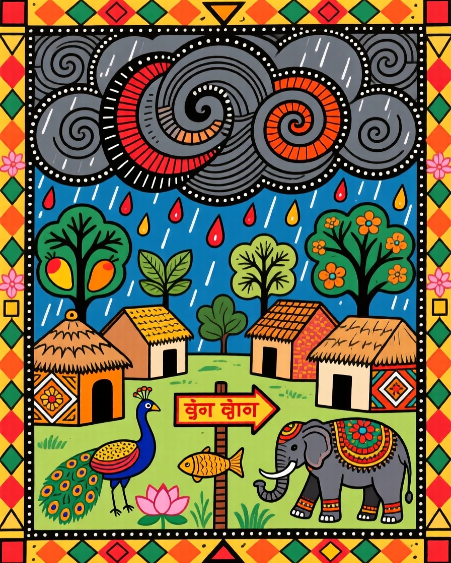 Dark monsoon clouds gathering over a village as the first rains begin.