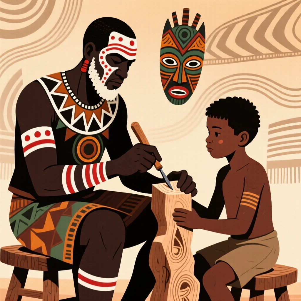 A father teaching his son to carve wood.