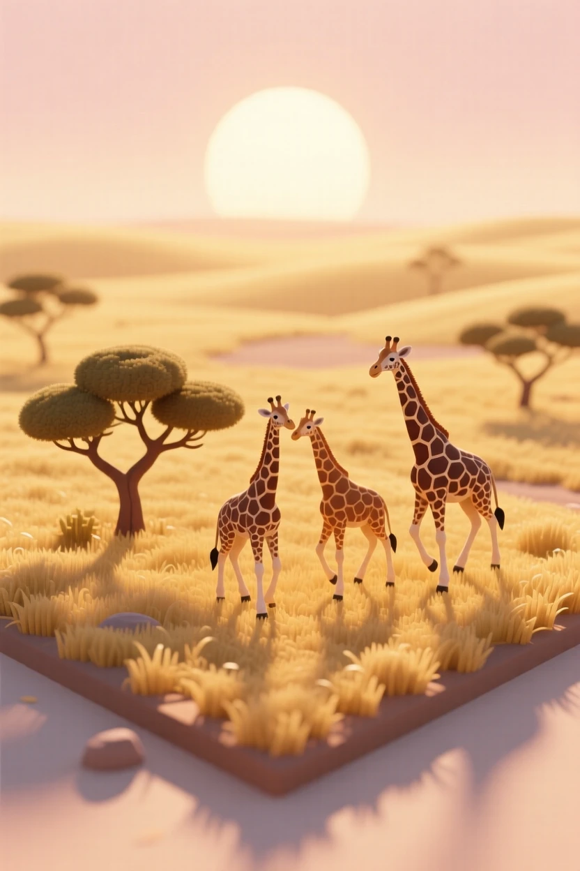 A golden savanna at dawn, giraffes silhouetted against the rising sun, and acacia trees casting long shadows across the grass.