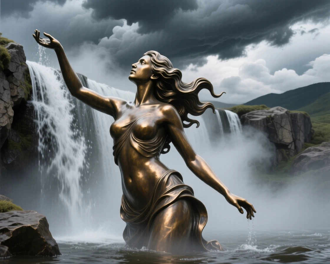 A river nymph emerging from a waterfall's mist, framed by dramatic storm clouds, radiating awe and grandeur