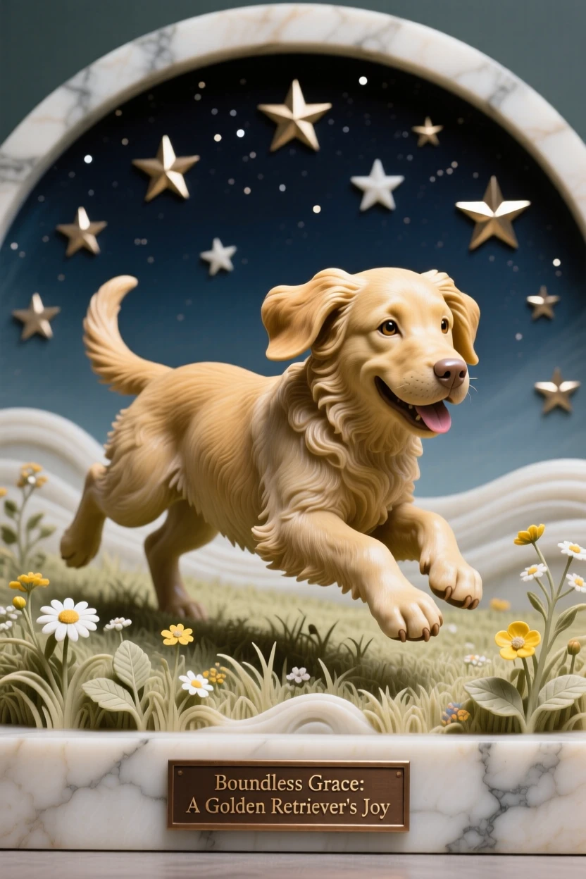 A striking close-up of a golden retriever puppy bounding through a meadow, full of life and grace, beneath a sky full of stars