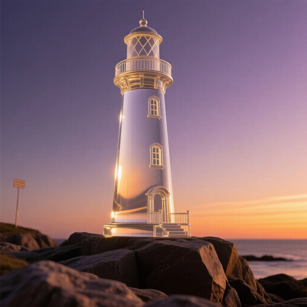 A lighthouse on a rocky coastline at dusk, viewed from a dramatic low angle under a vivid sunset sky, warm golden light highlighting every architectural detail, awe-inspiring and grand.