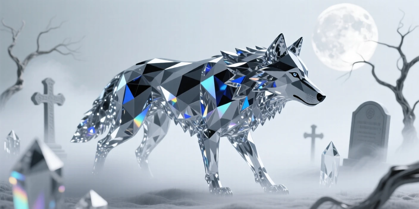 A shadow wolf prowling through a moonlit graveyard shrouded in mist.