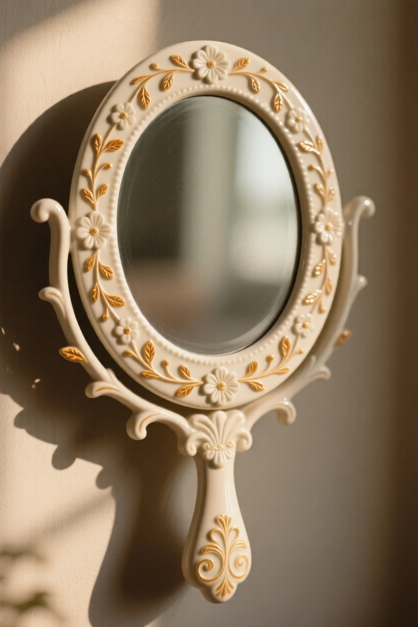 An ornate hand mirror catching the light framed in soft, warm ambient light, with delicate patterns etched into its surface, evoking nostalgia and quiet charm.