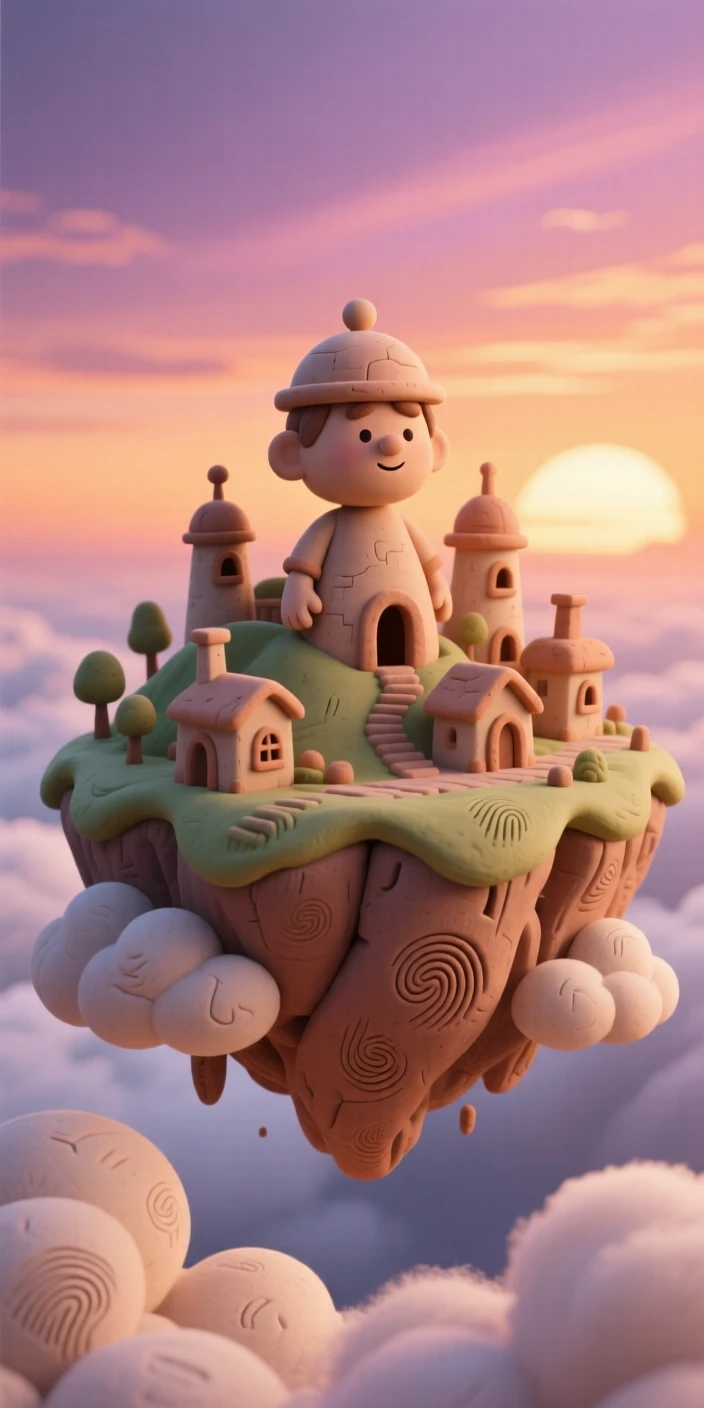 A floating island city suspended above the clouds at sunset