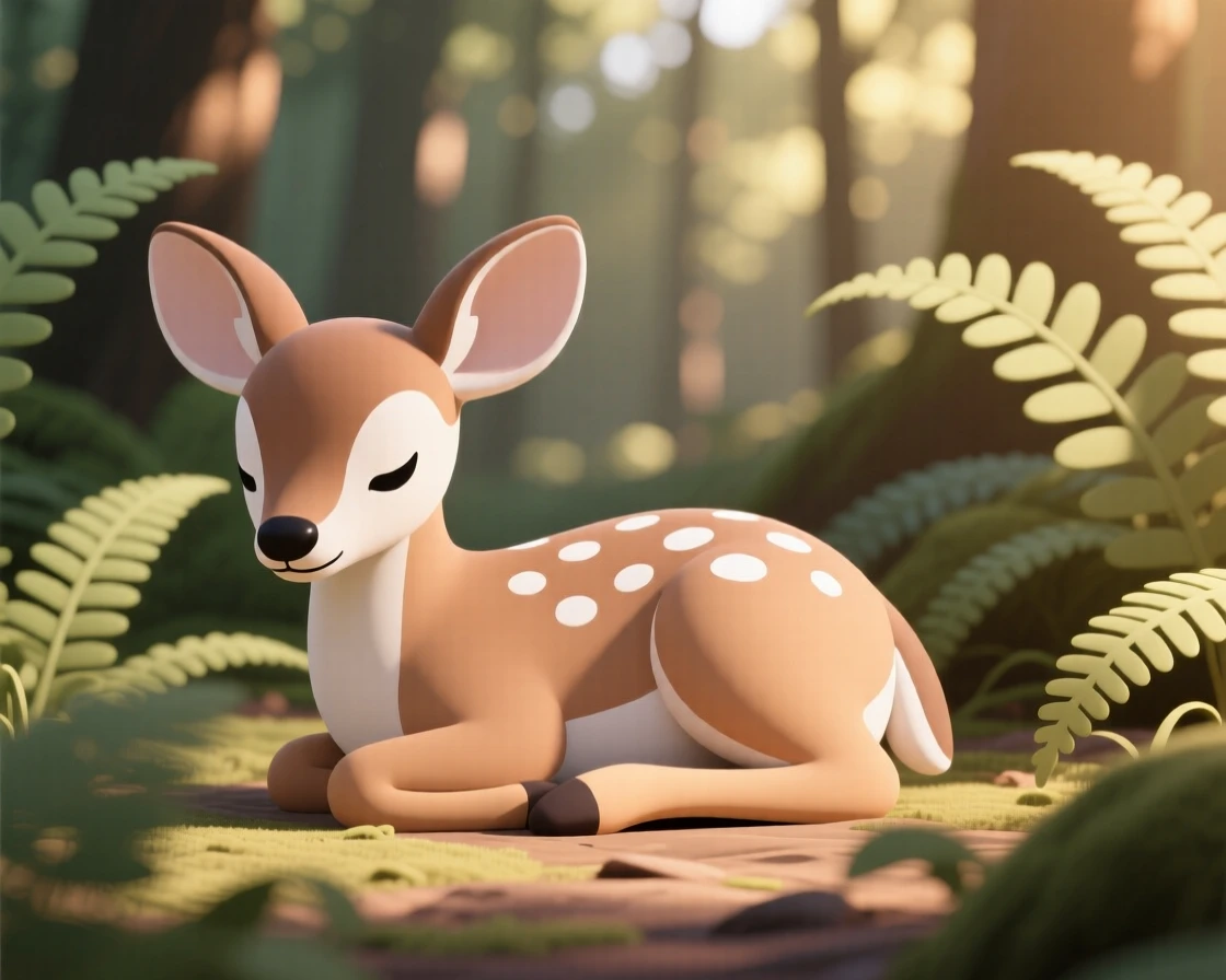 A gentle deer fawn with white spots nestles quietly among ferns in a sunlit forest clearing.