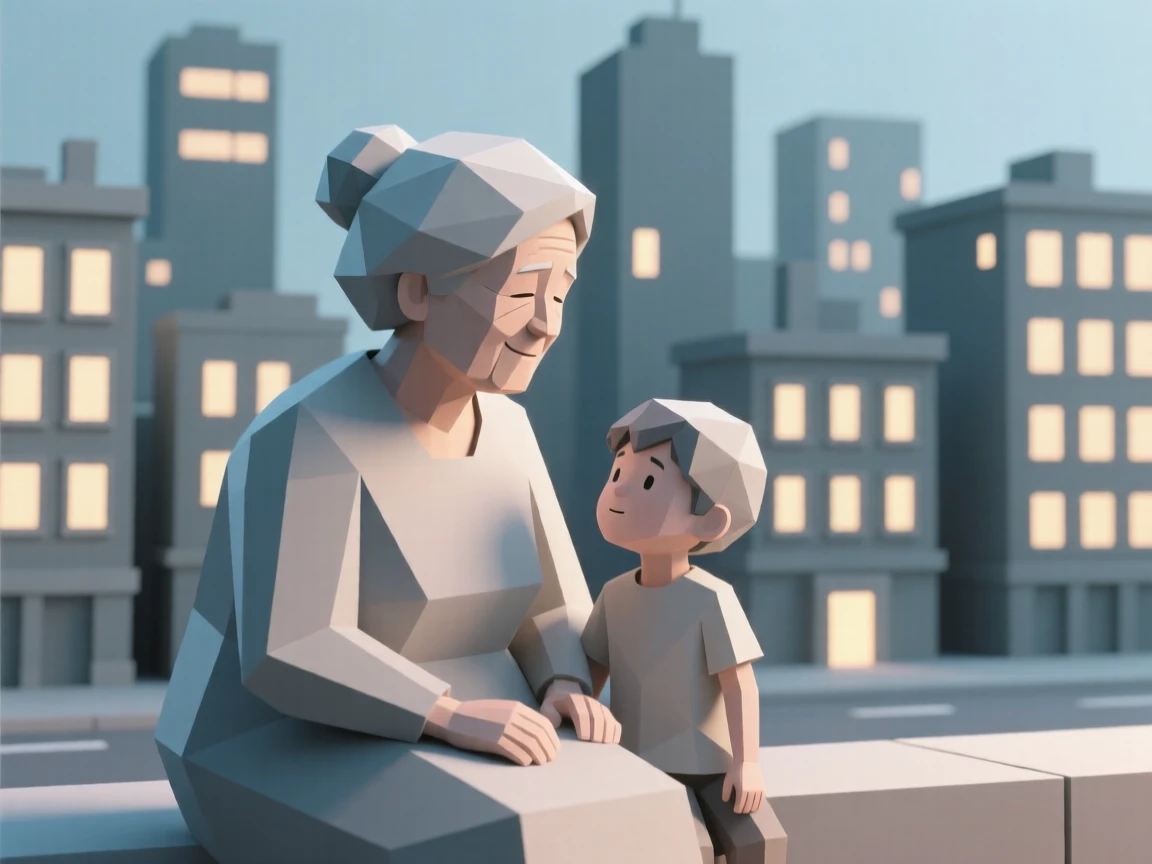A grandmother and grandchild sharing a quiet moment, against a backdrop of city lights. natural light enhances the authenticity of the scene. A wave of nostalgia fills the moment.