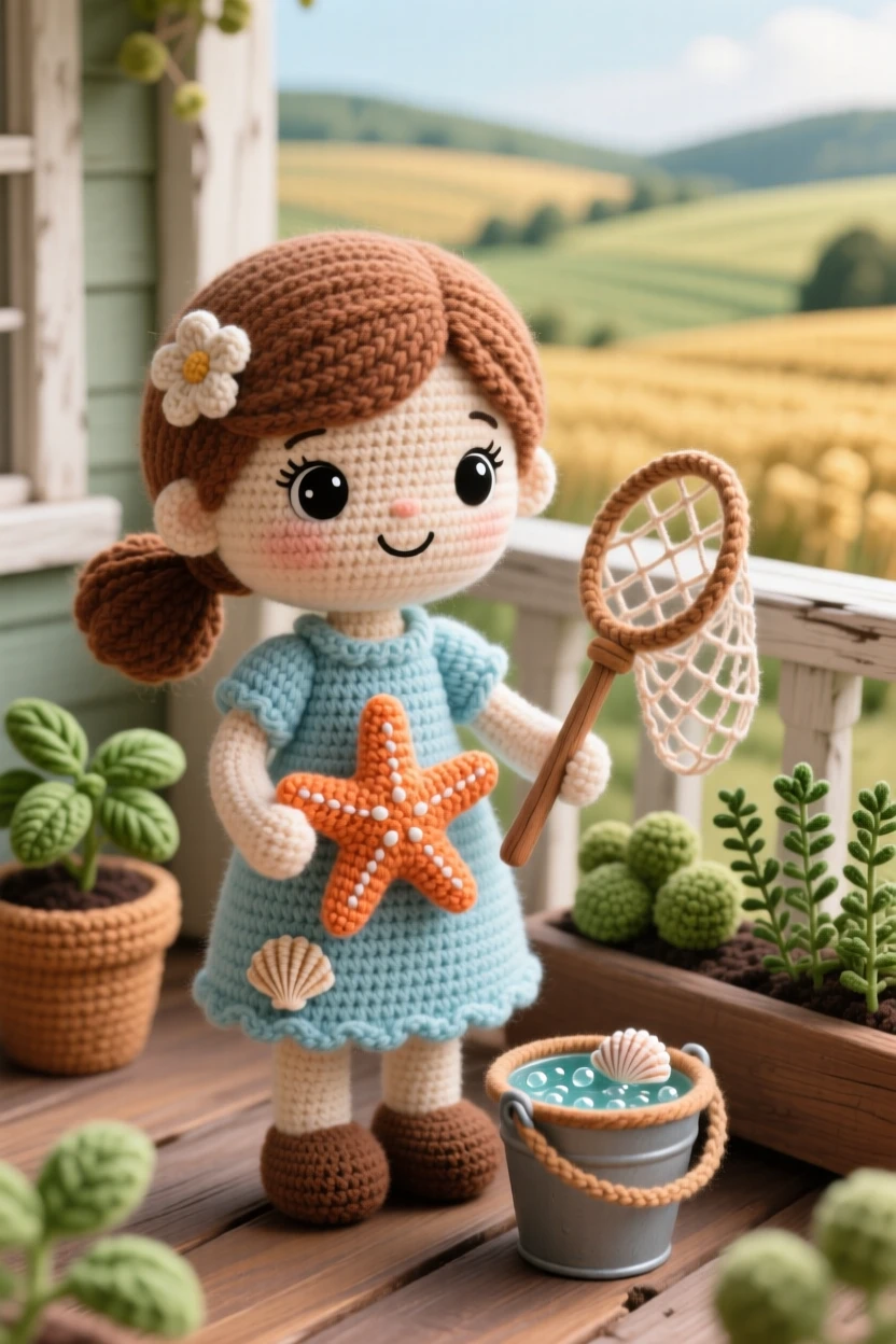 a young marine biologist girl, with a net and a bucket of seawater, examining a small starfish with delight, in a rustic farmhouse porch overlooking rolling fields, with a potted herb garden on the sill nearby, conveying warm, homespun charm and quiet dedication.