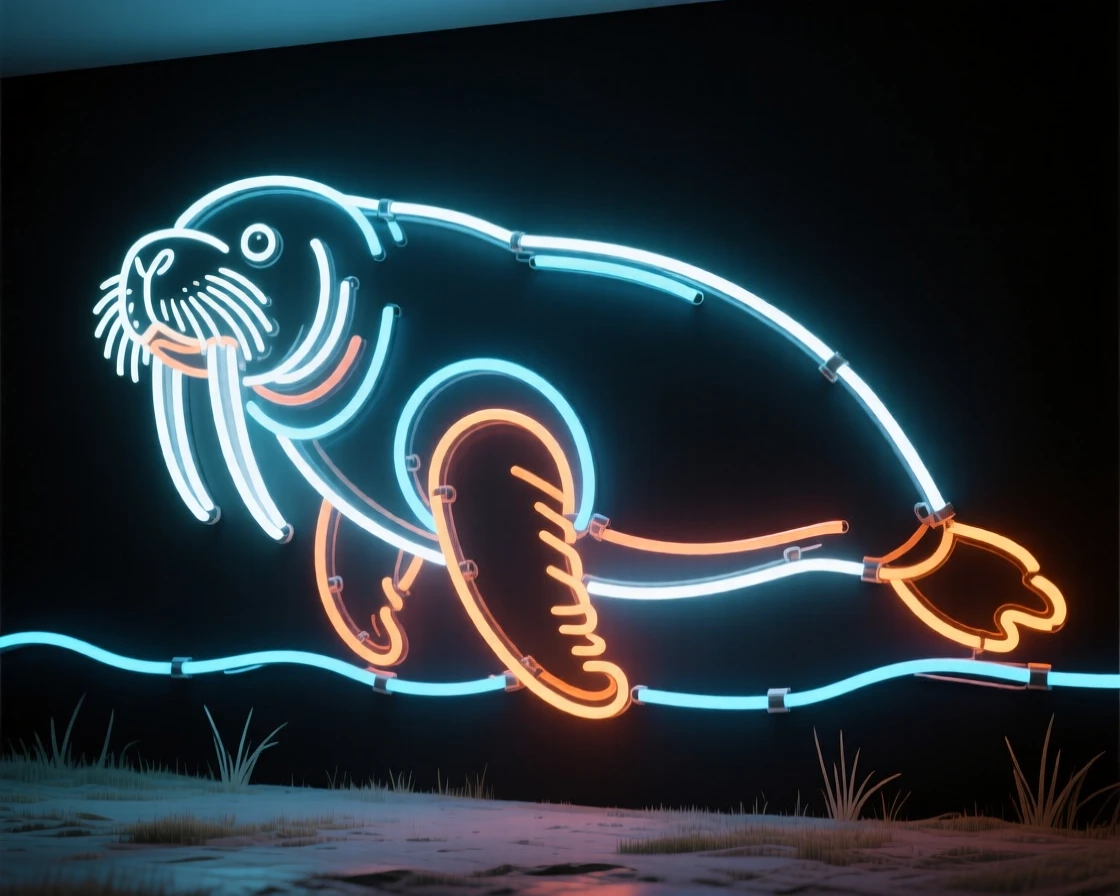 A walrus captured mid-stride crossing an open clearing.