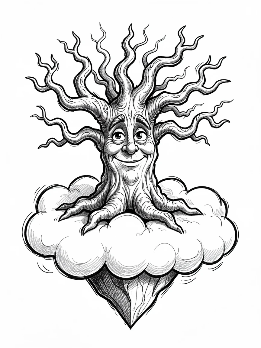 A wise old tree with a face carved into its bark atop a floating island of clouds.