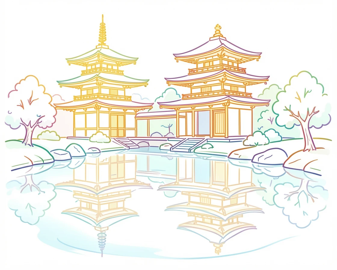 The golden temples of Kyoto reflected in a still garden pond.