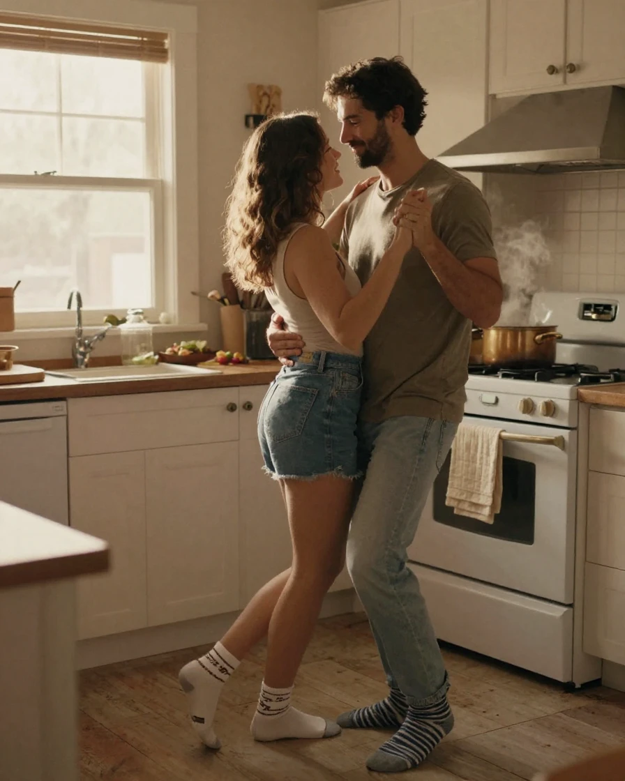 A couple slow dances in their kitchen in socks while dinner simmers on the stove behind them.