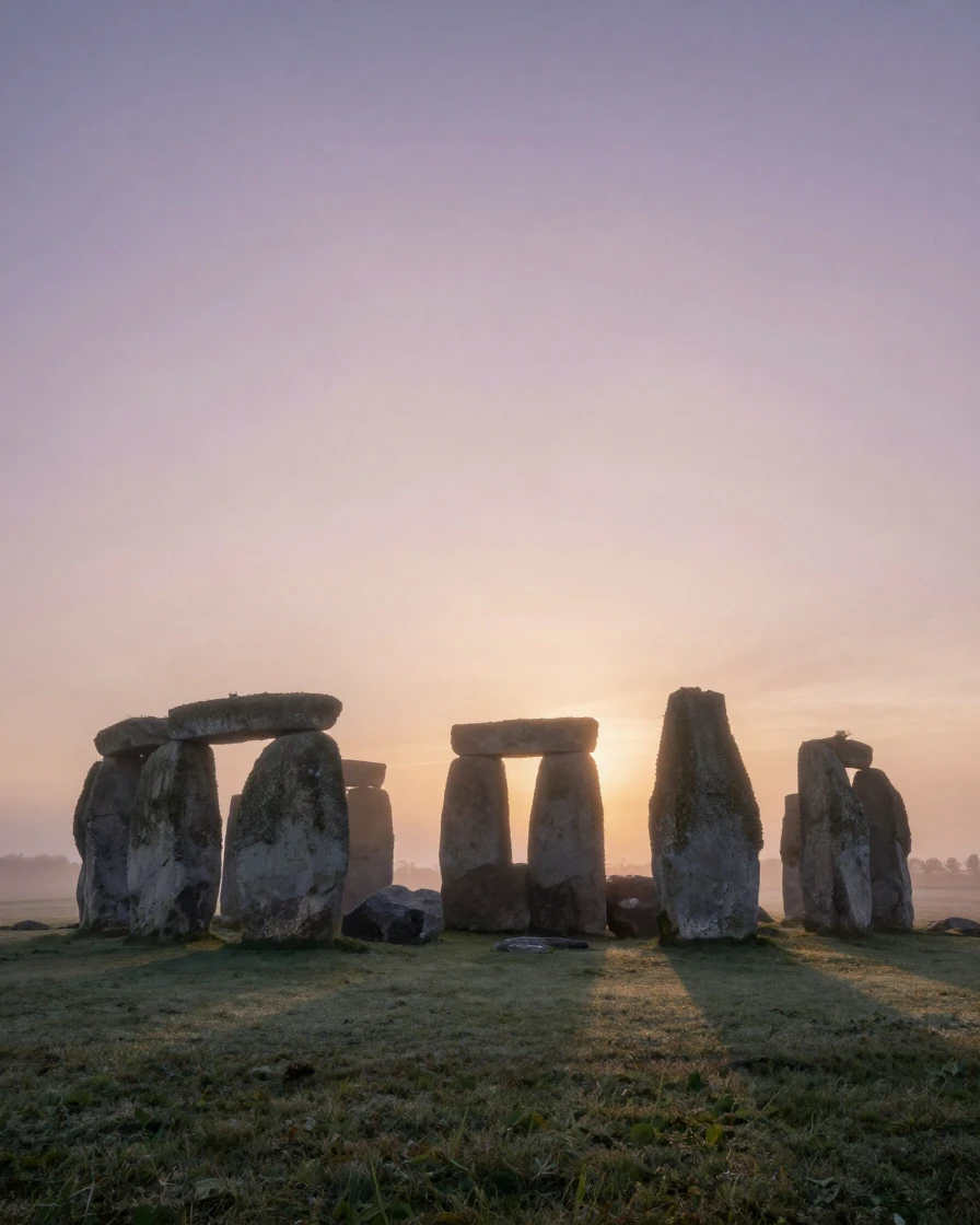 The ancient stone circle of Stonehenge silhouetted against a misty dawn sky