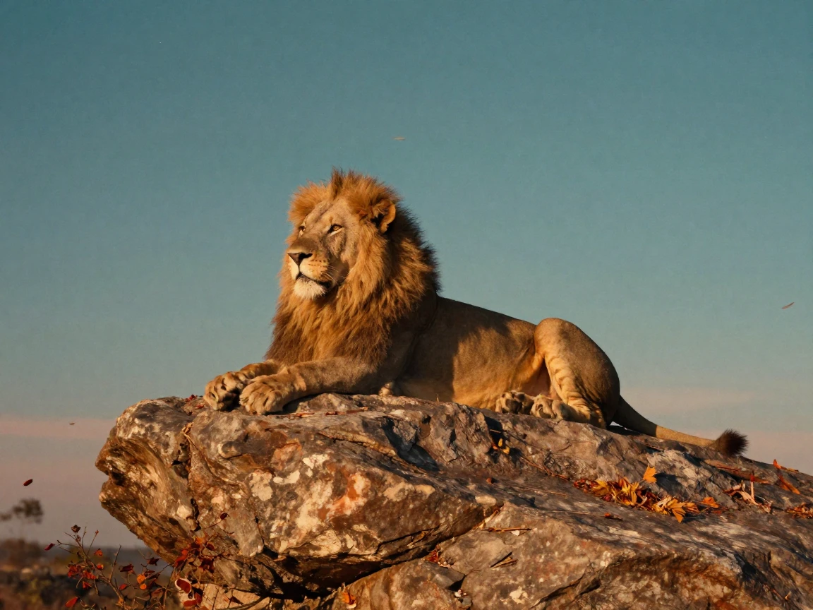 A lion resting majestically atop a sunbaked rock, under a canopy of stars, on a clear, cloudless day, as autumn leaves turn gold and red, in vivid coral and turquoise hues, from a three-quarter angle.