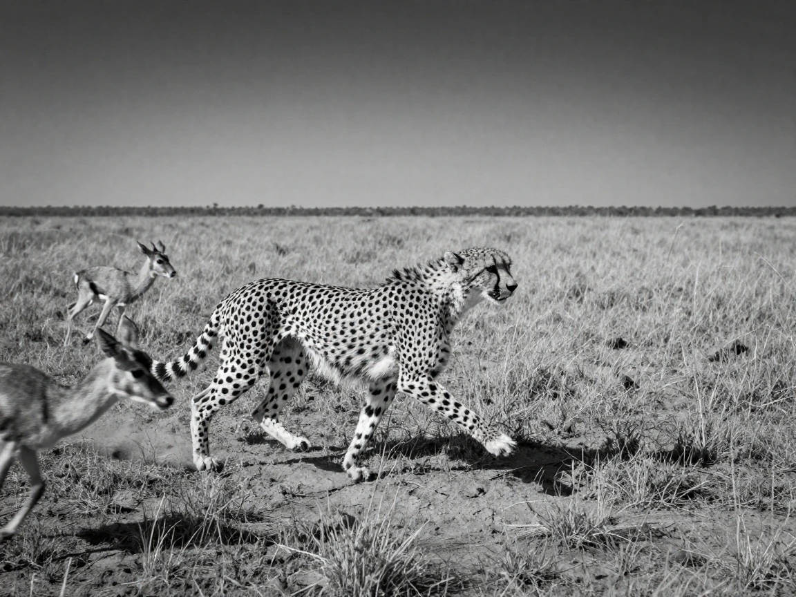 A cheetah sprints after fleeing prey across sunbaked grasslands.