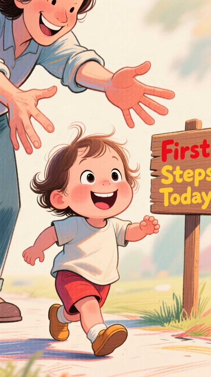 A child taking their first wobbly steps toward outstretched parental arms.