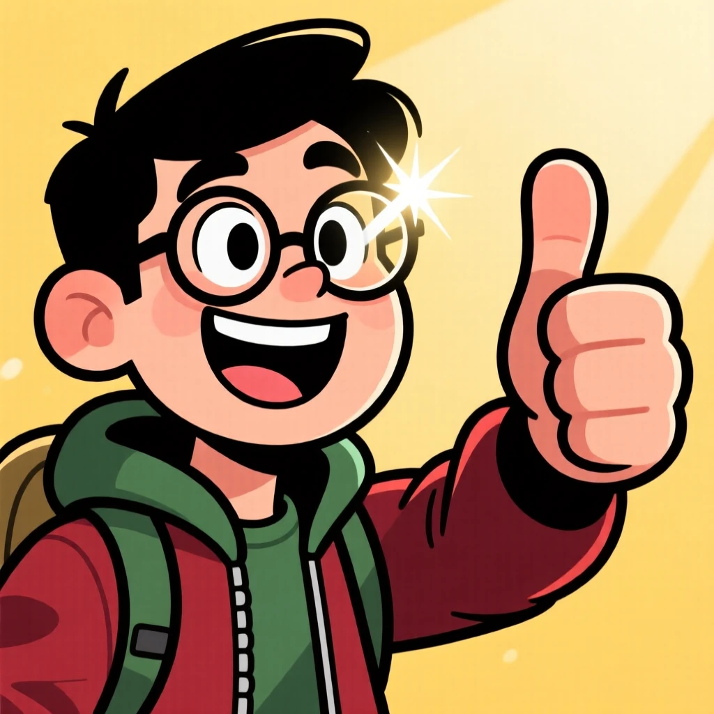 A charming portrait of a bold adventurer, giving an exaggerated thumbs up, with sunlight glinting off their glasses.