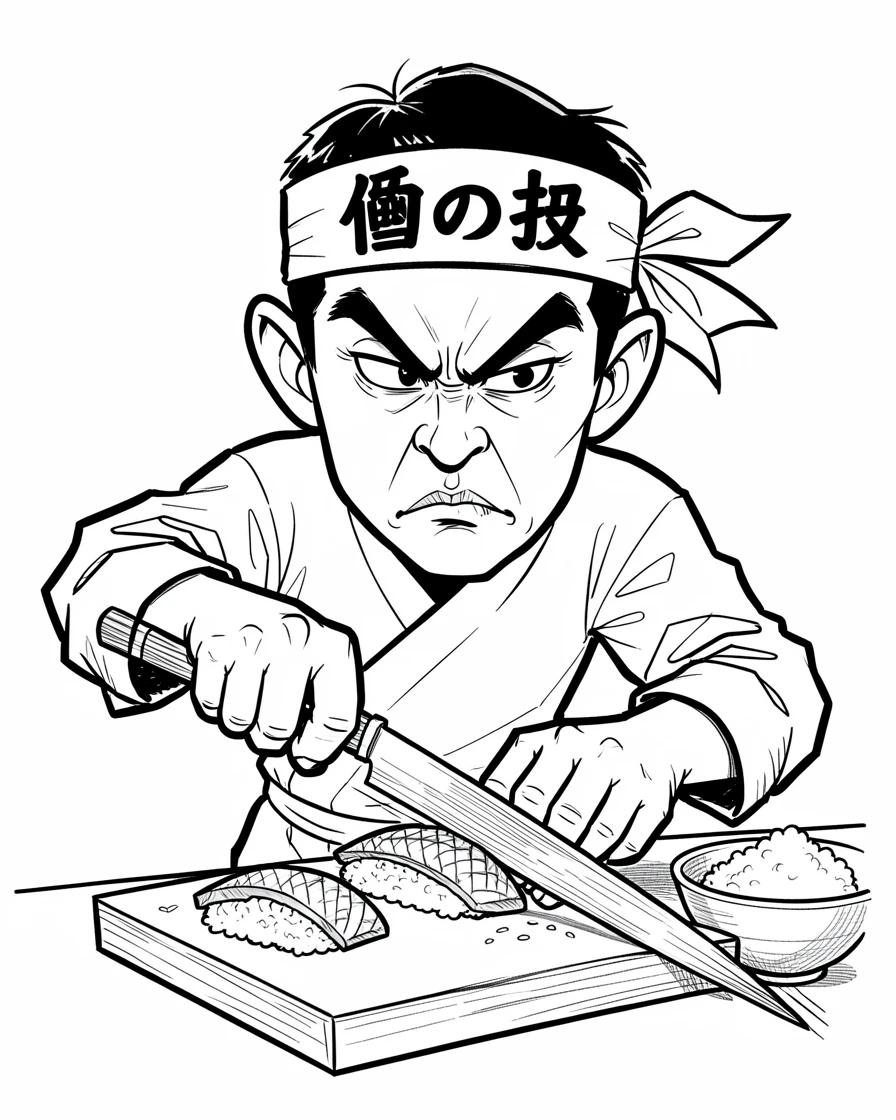 [Occupations & Hobbies] Detailed scene of a focused sushi chef slicing fish with expert precision, showcasing skill and dedication