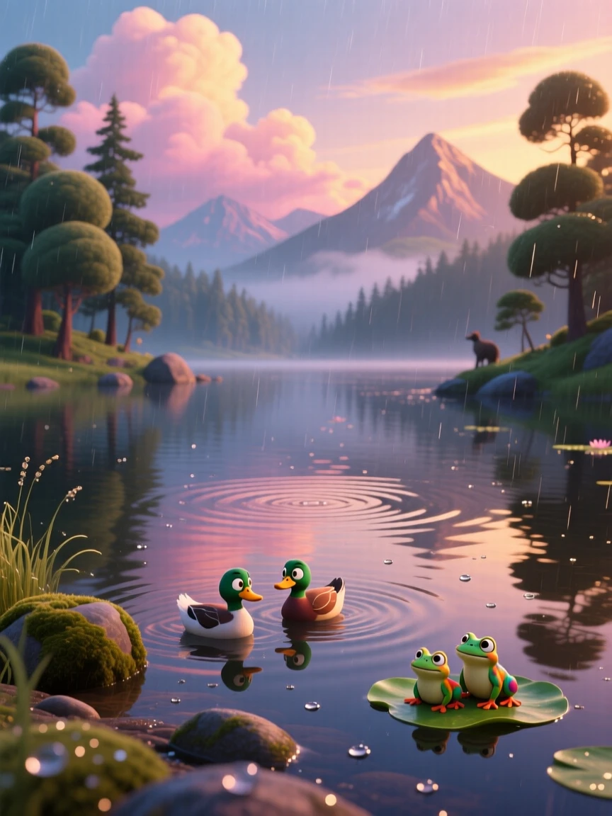 A quiet mountain lake glows while a gentle rain begins to fall, with small ripples spreading outward across a pond. The mood is serene, vast, and quietly majestic.