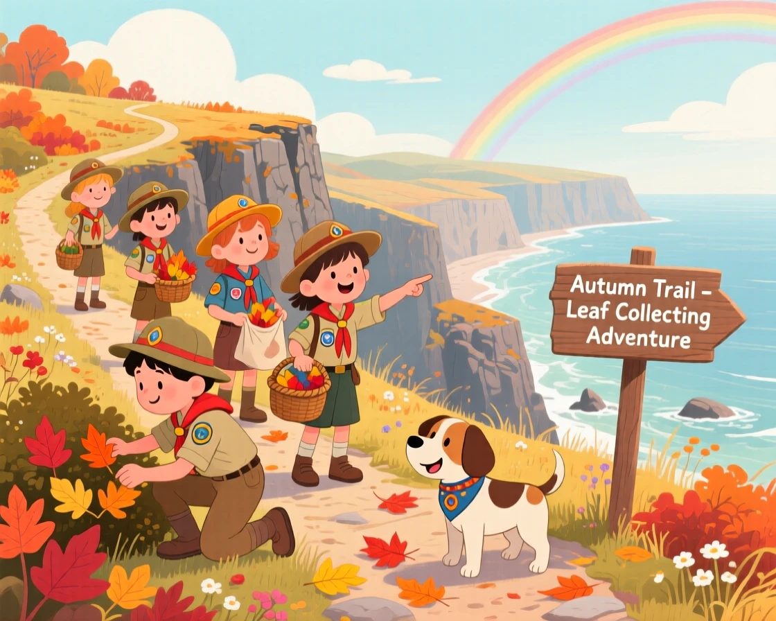 In a coastal cliffside trail, an adventurous scout troop is collecting colorful leaves in autumn, while a rainbow arches faintly over the valley.