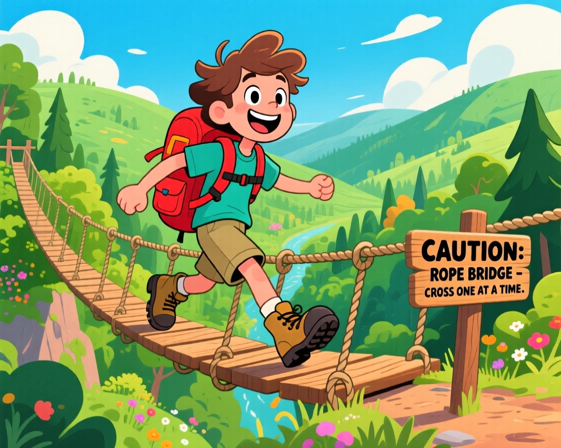 A backpacker crossing a rope bridge over a lush green valley.