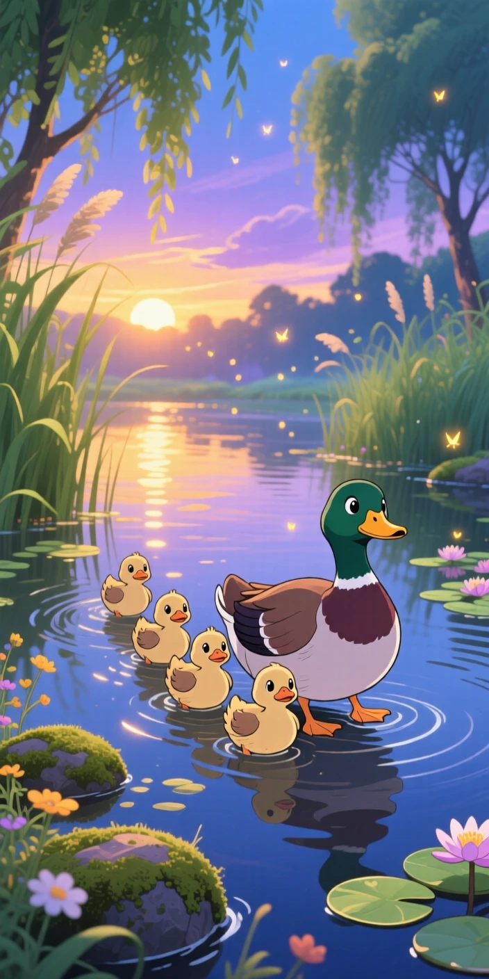 A family of ducklings following their mother across a pond, framed by the golden light of sunset, radiating pure charm.