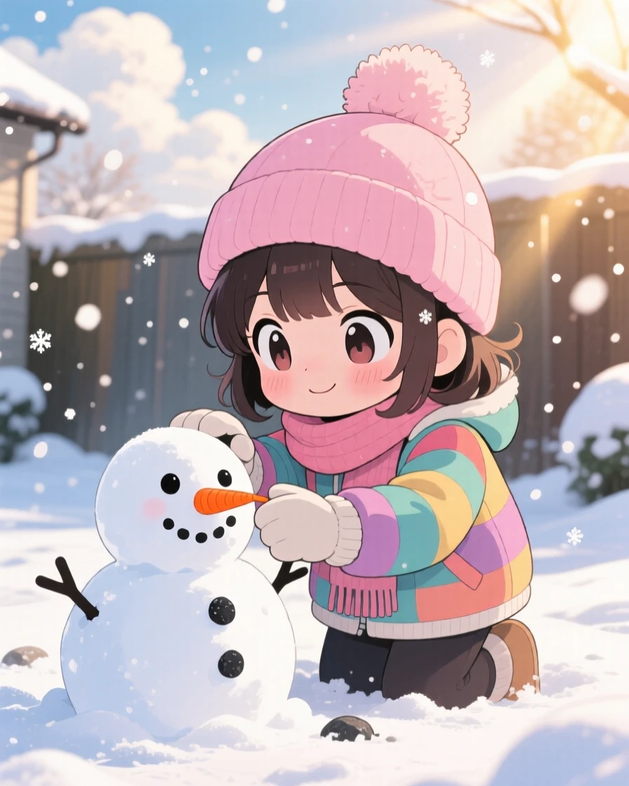 A young girl building a snowman with a carrot nose, framed as a close-up portrait within a snowy front yard, amid softly falling snow, glowing under rays of sunrise breaking through clouds, evoking brave confidence.