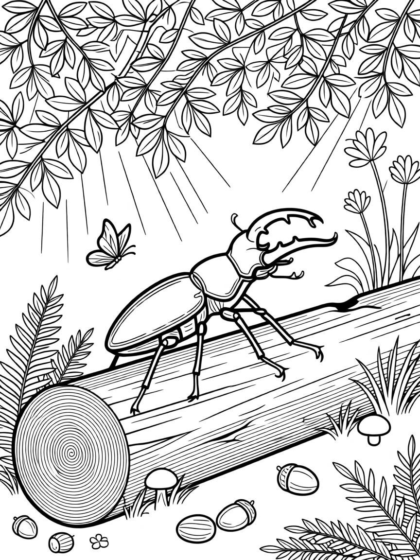 A stag beetle climbing over a fallen log, with sunlight breaking through the canopy above.