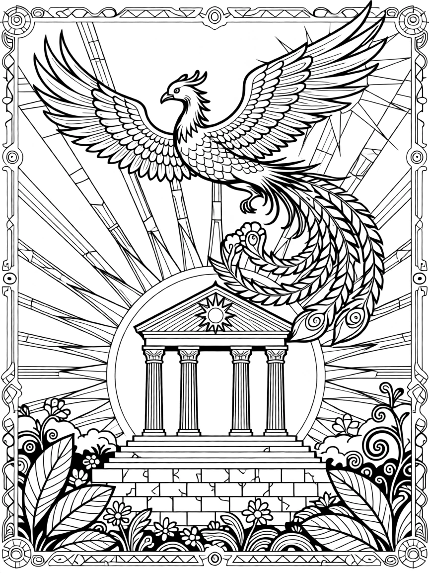A phoenix circling above a temple dedicated to the sun.