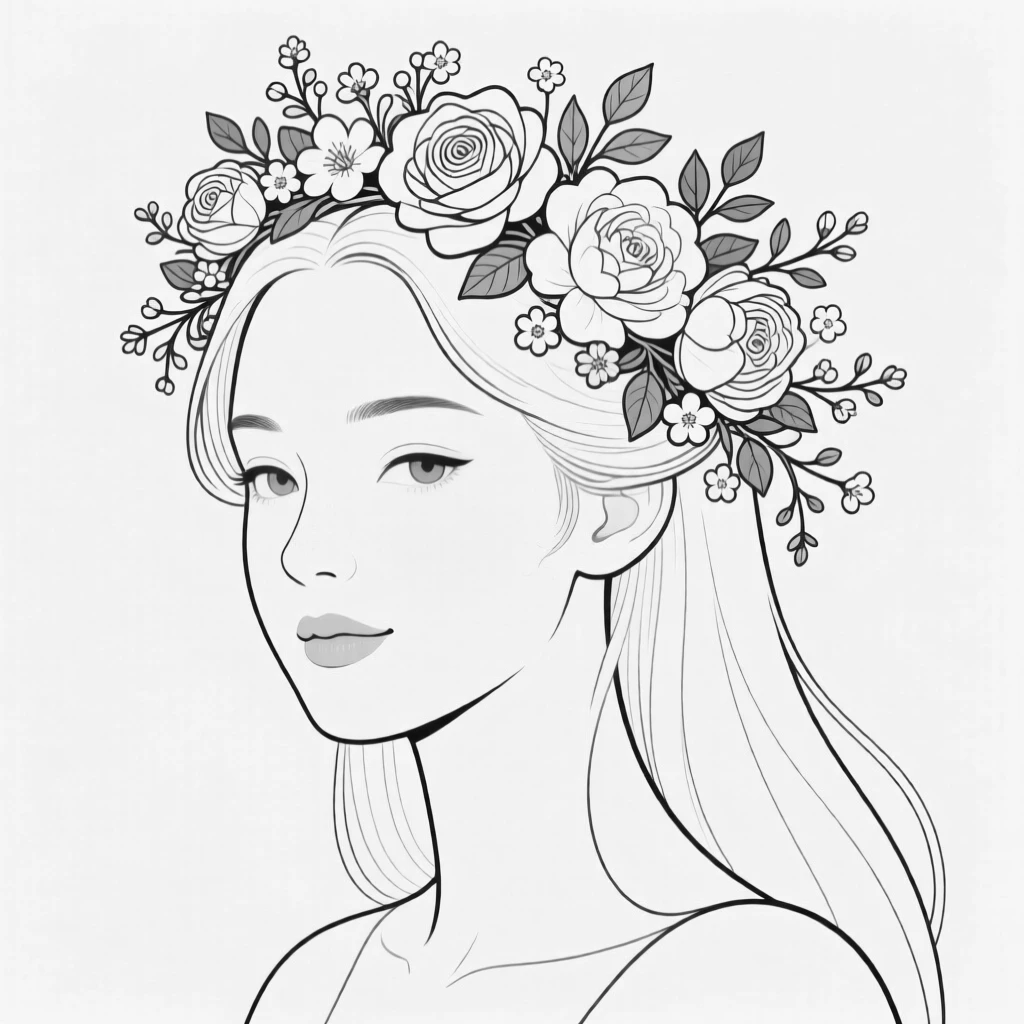 A portrait of a woman with an elaborate flower crown