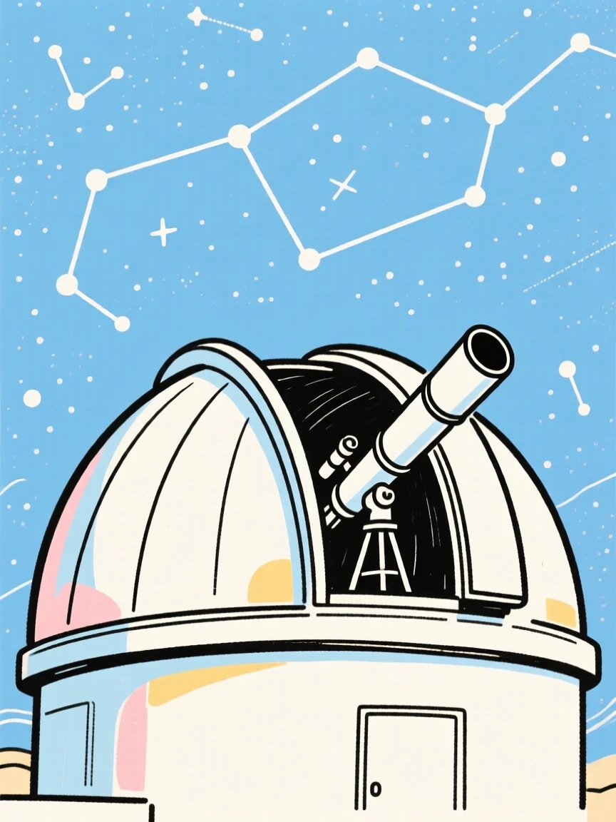 A telescope observatory dome open to a sky full of constellations.