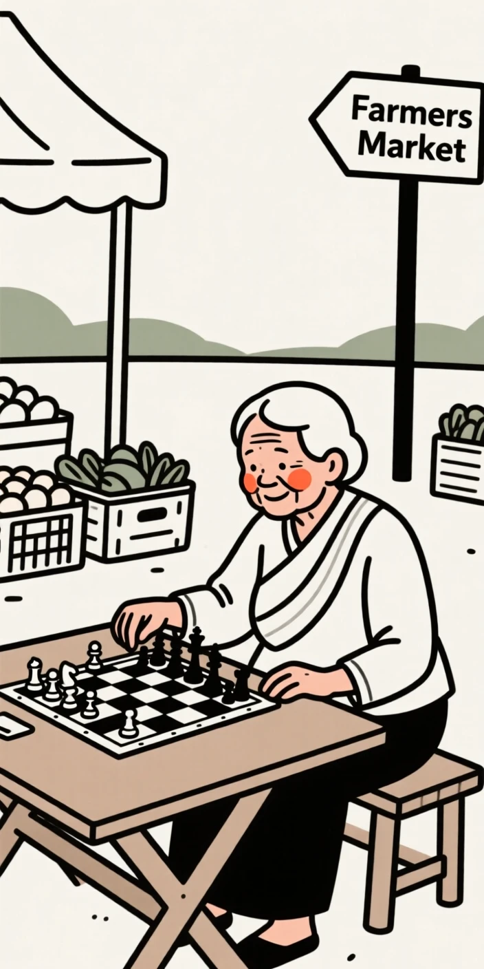 An elderly woman of Thai heritage playing chess in a quiet park, at a countryside farmers market.