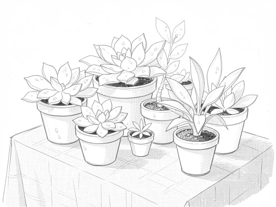 An elegant arrangement of a potted succulent arrangement scattered across a linen tablecloth, with dew still fresh from morning.