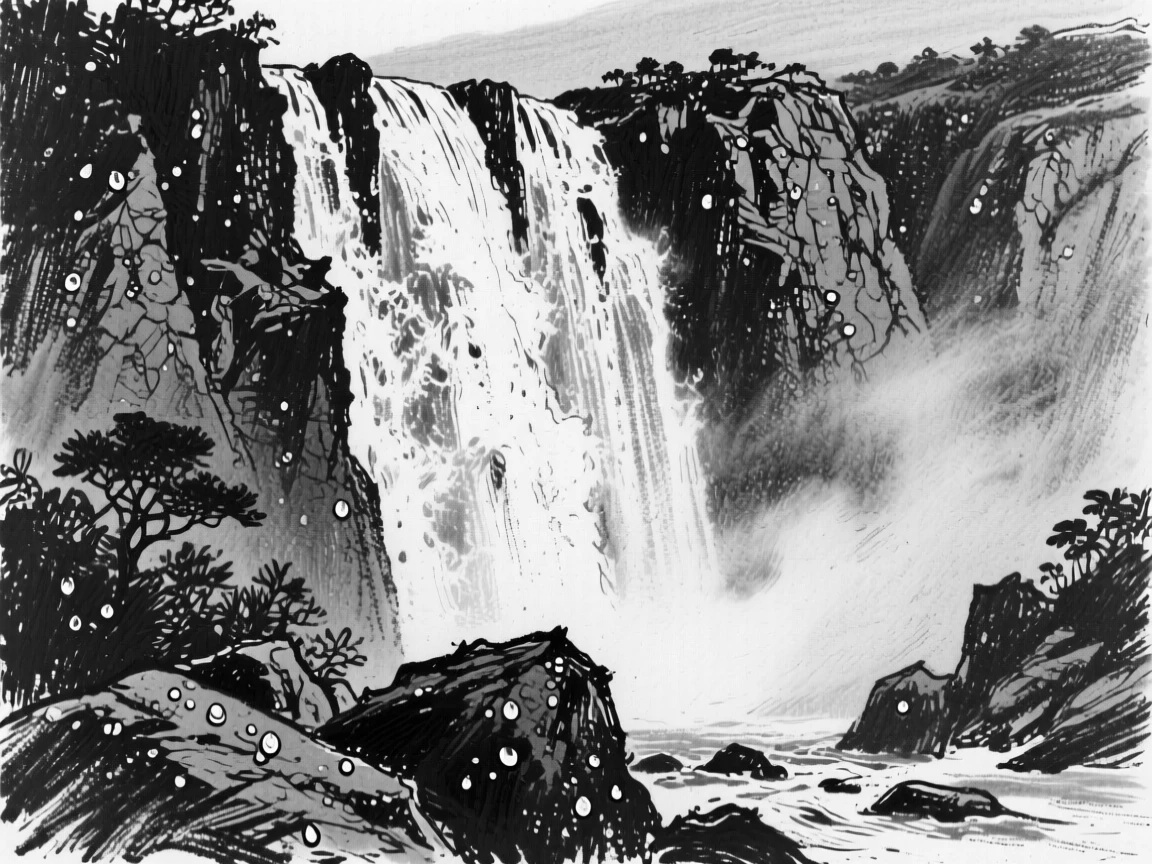 A towering waterfall as morning dew glistens on every surface.