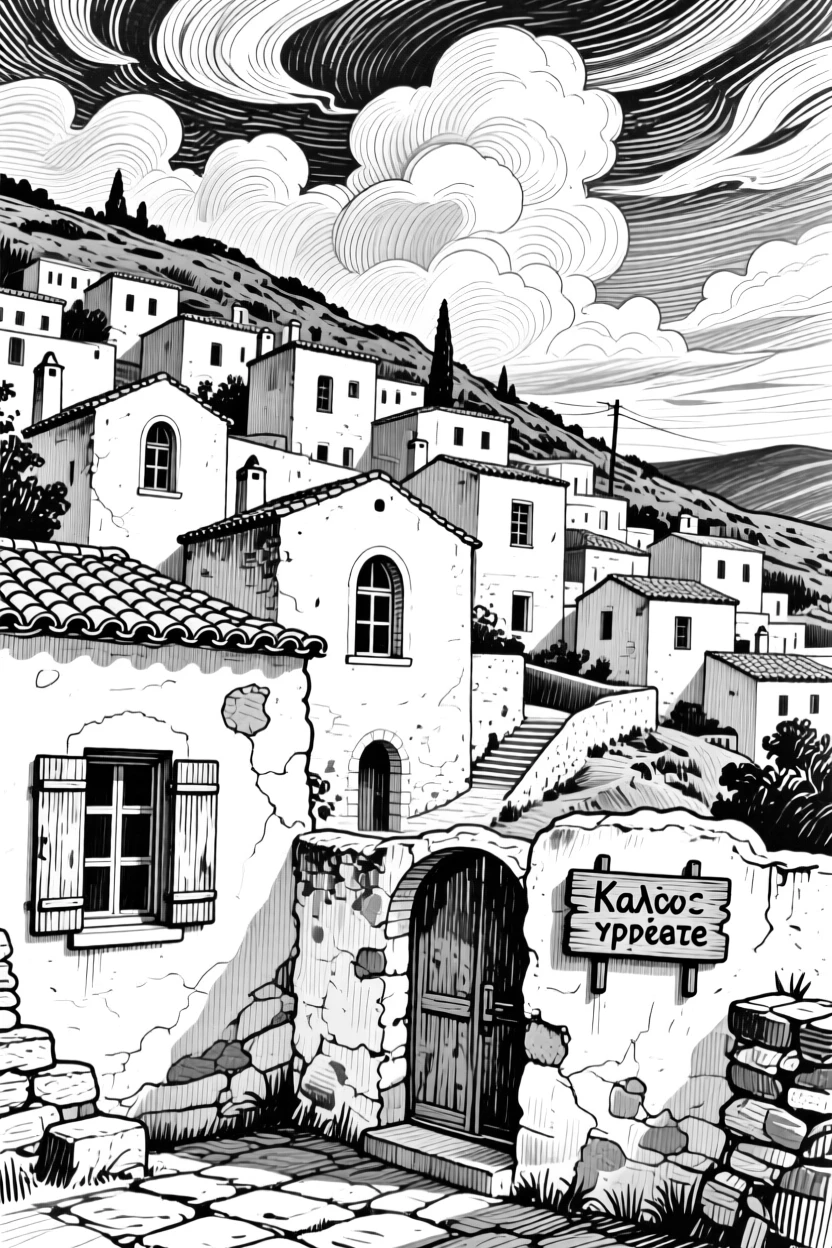 A greek village of whitewashed buildings under a dramatic sky, featuring arched windows catching the light, rendered in a rich with history architectural composition.