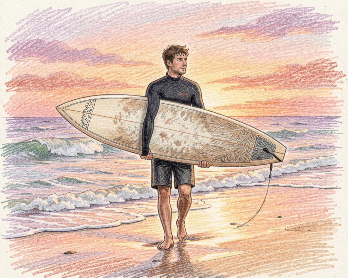 A surfer walking along the shore at sunset with board in hand, with expressive detail in the eyes and gentle facial features, capturing a fleeting, deeply relatable moment.