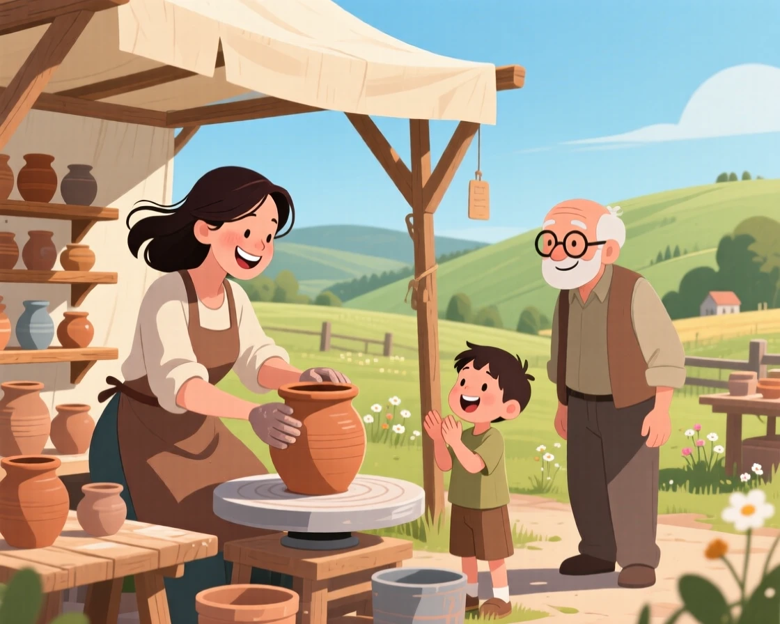 A woman practicing pottery at an outdoor market stall, in a charming countryside setting, framed to highlight connection between the people in the scene, with small joyful details like flying hair or bright laughter.